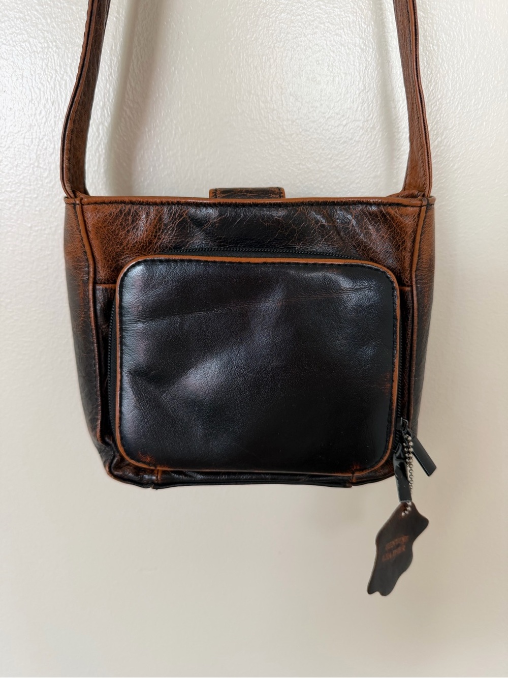 Vintage Geniune Leather 2-Tone Black & Brown Crossbody Purse Bag